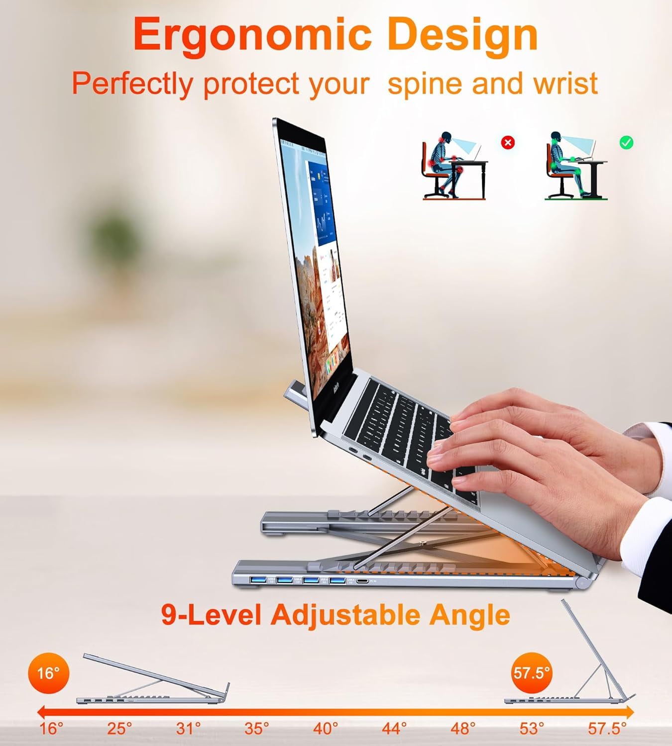 5-in-1 USB C Hub Adjustable Aluminum Laptop Stand, 4-Port USB A 3.0, Supports 5Gbps Data Transmission USB-C Hub Docking Station [Charging Not Supported] for MacBookPro/Air/Dell/HP/Lenovo