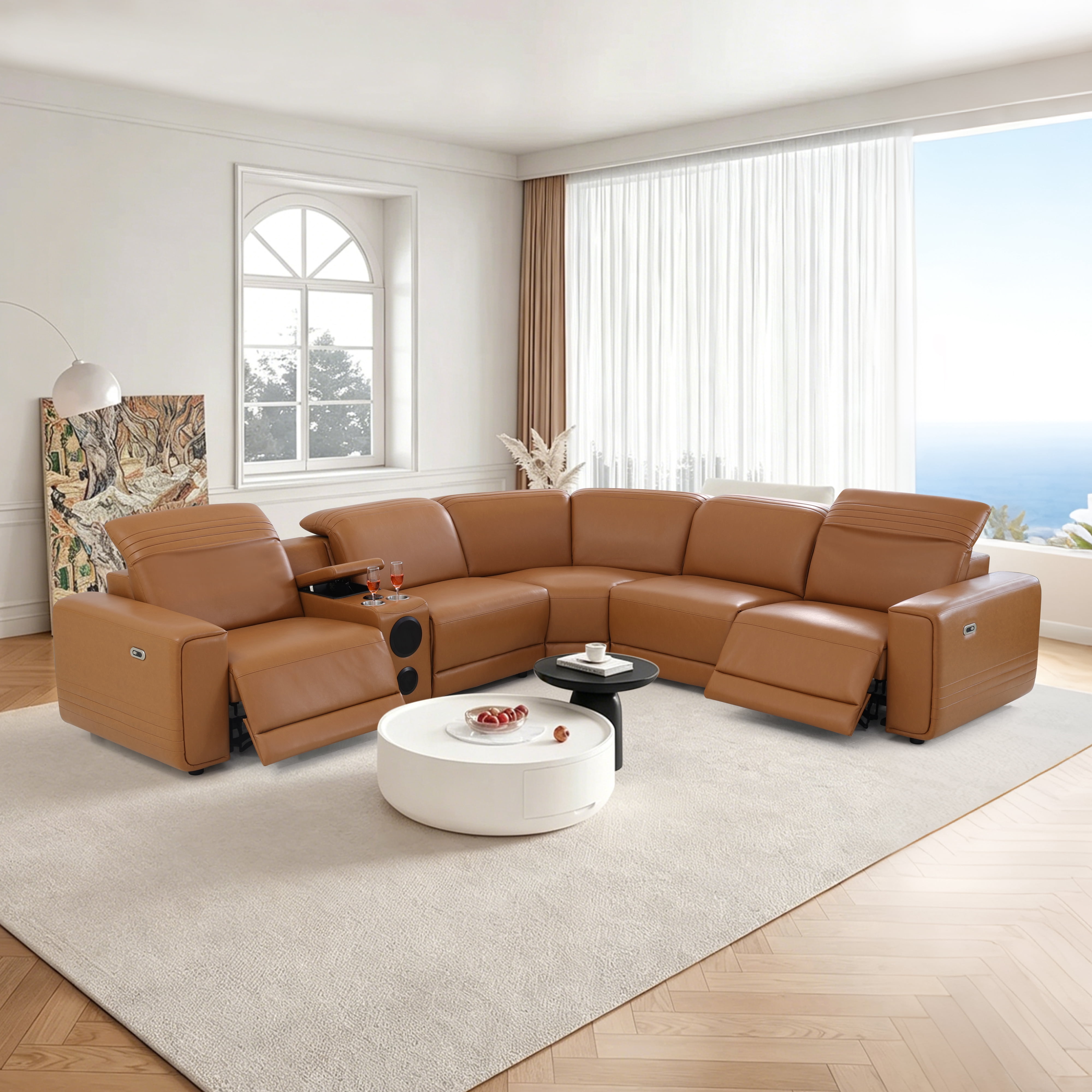Gewnee Luxury Oversized Reclining Corner Sectional Couch, Power Recliner, Air Leather, Bluetooth Speakers, USB & Type‑C Charging, Cup Holders, Storage, for Living Room Home Theater, Orange Yellow