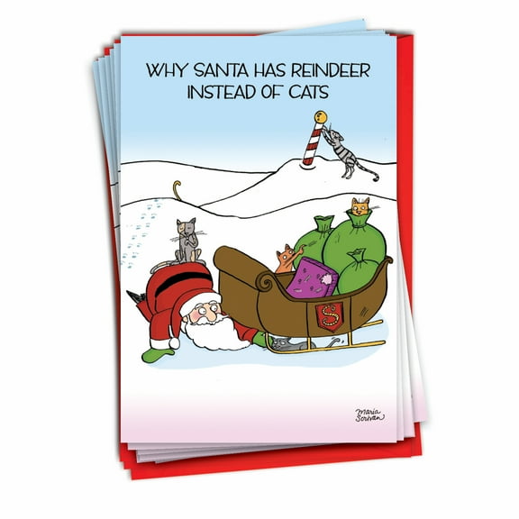 12 Funny Christmas Cards Pack (1 Design, 12 Cards) - Reindeer Cats B1884