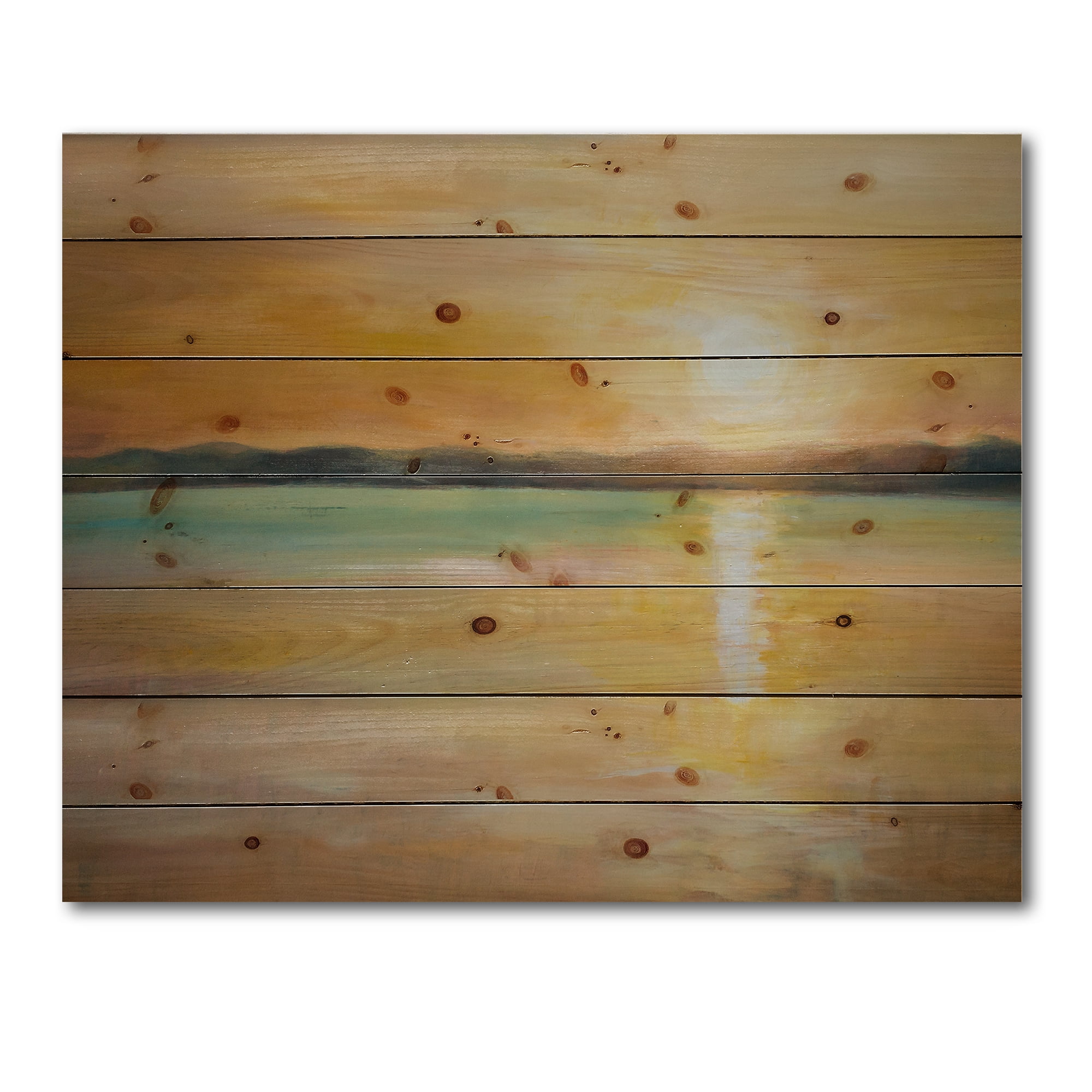 Designart 'Abstract Yellow Sunset At The Horizon' Nautical & Coastal Print on Natural Pine Wood