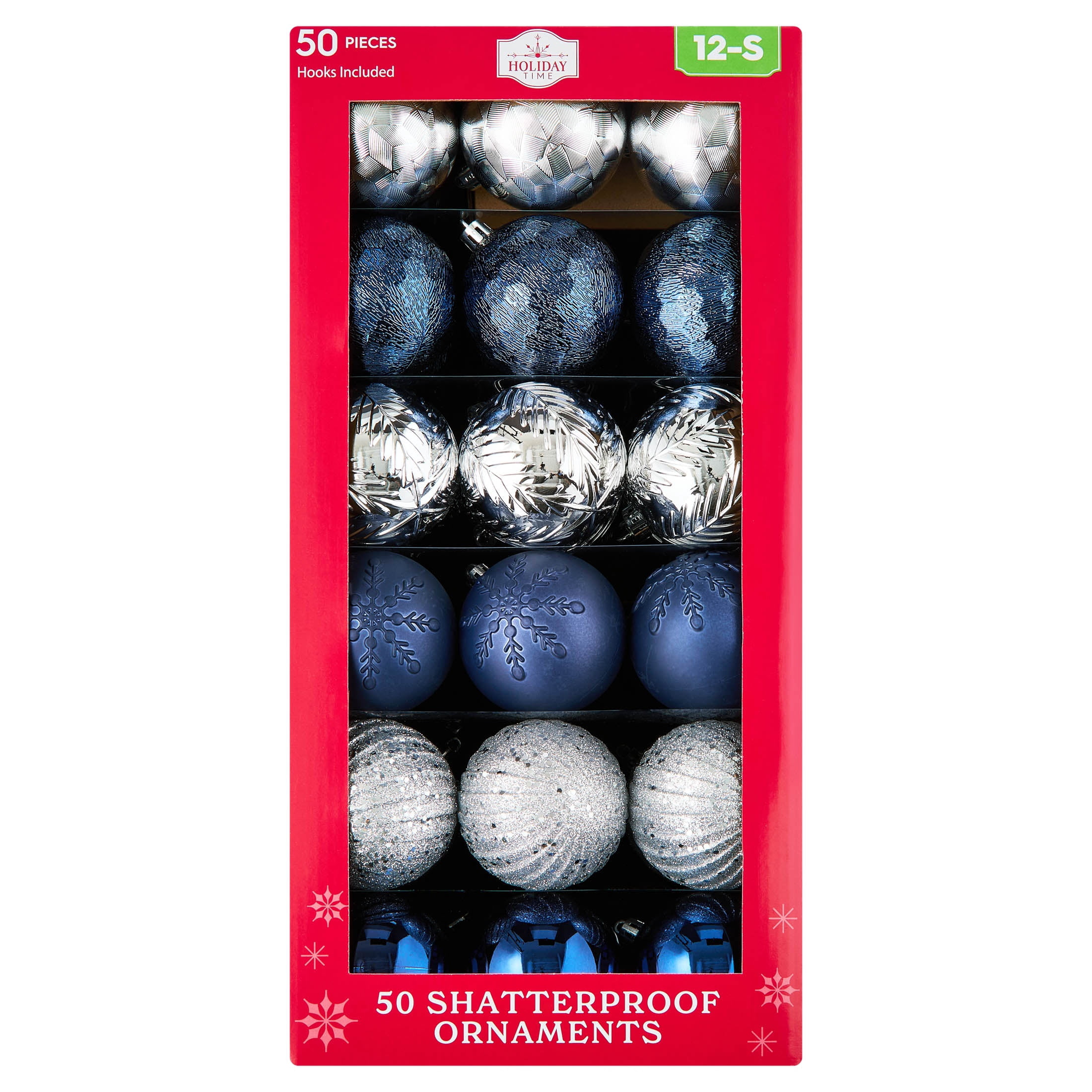 50-Count Blue and Silver Ball Shatterproof Christmas Ornaments, 3", by Holiday Time