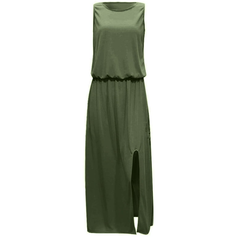 QLEICOM Women Summer Bohemian Solid Fork Opening Dress Casual Sleeveless Belt A-Line Maxi Dress Pleated Hem Swing Sun Dress Green S, US Size: 4 QLEICOM Women Summer Bohemian Solid Fork Opening Dress Casual Sleeveless Belt A-Line Maxi Dress Pleated Hem Swing Sun Dress Green S, US Size: 4