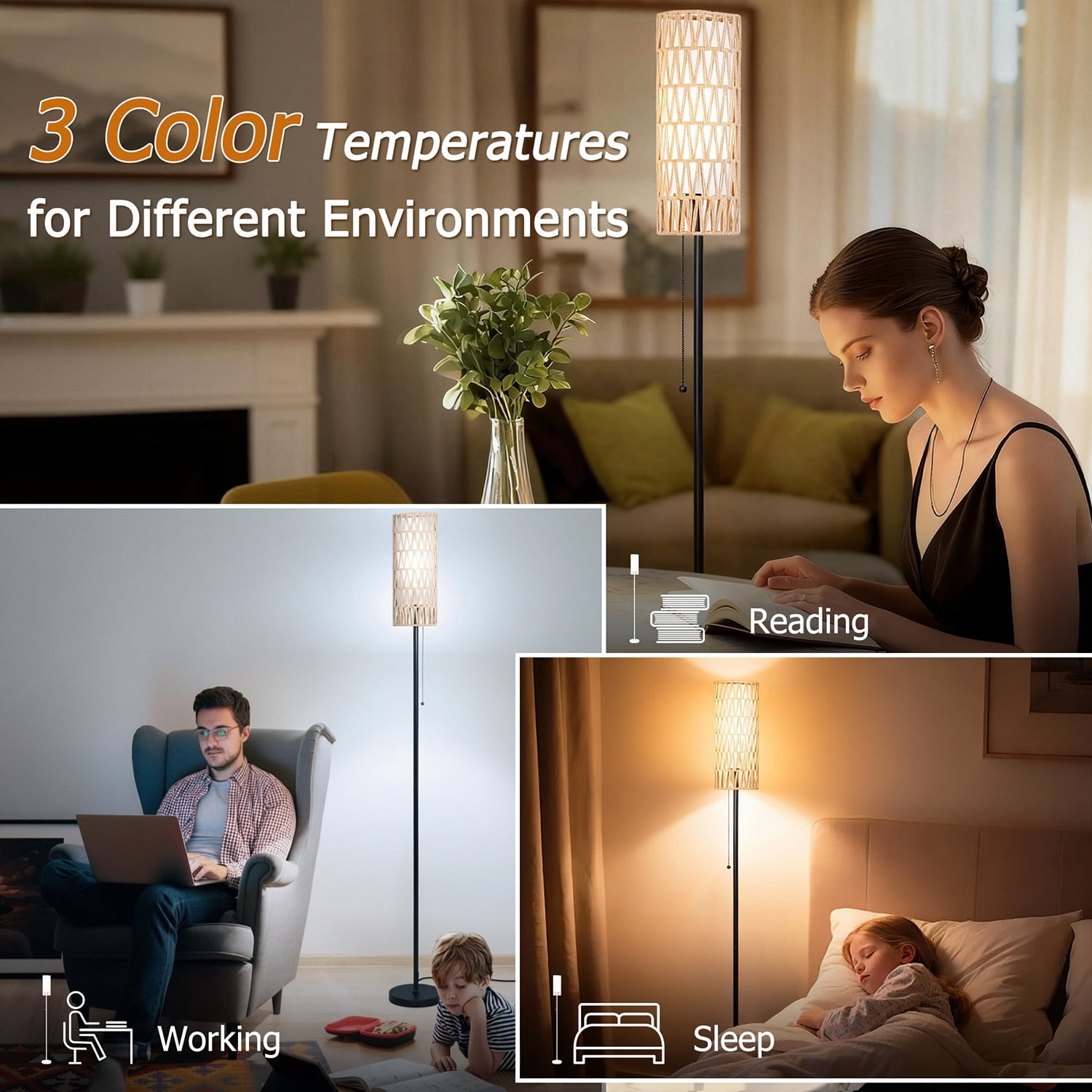Vesteel Floor lamp for Living Room, Farmhouse Rattan Floor Lamp with 3 Color Temperatures, Standing Lamp for Bathroom, Office, Study Room