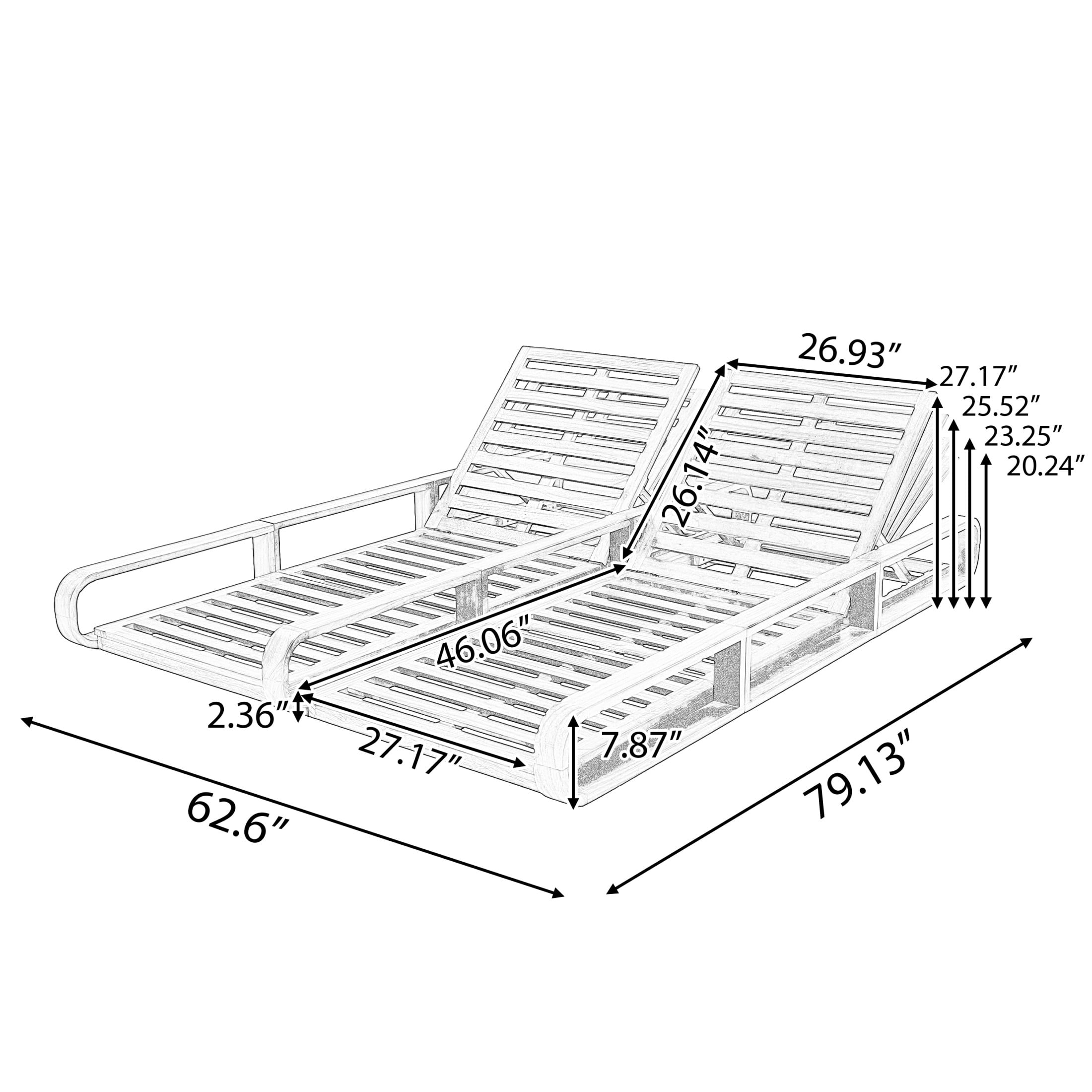 Christopher Knight Home 79" Outdoor Double Chaise Lounge Frame, Adjustable Recliner, Teak