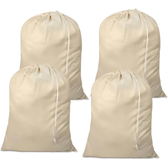 4 Pack Reusable Laundry Bags - 100% Cotton Multi Purpose Travel Laundry Bag - Durable & Machine Washable - Large Laundry Bag 28 x 36" Natural Large