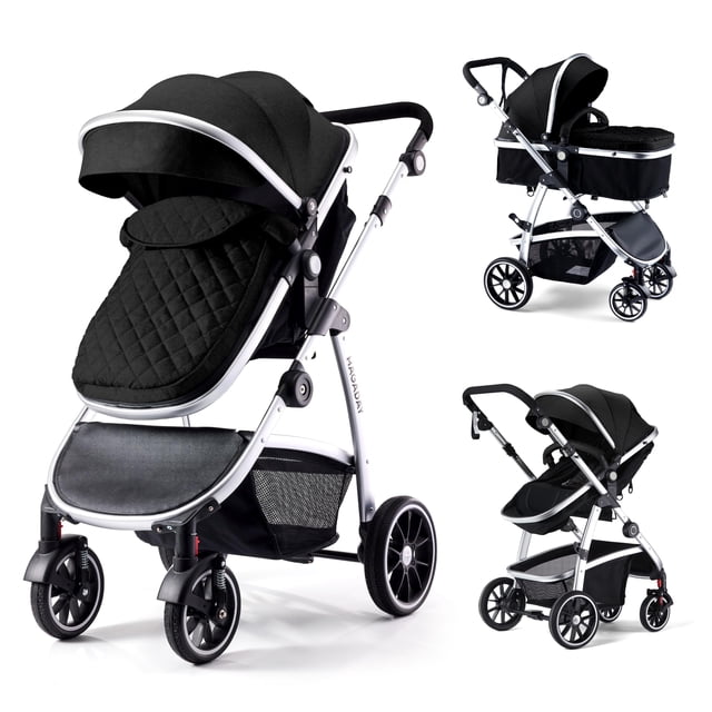 Hagaday Baby Stroller, 2-in-1 Reversible Stroller with Bassinet Mode, Foldable Infant Stroller with Canopy, One Button Brake, Adjustable Handle, Newborn Stroller (Black)