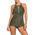 thumbnail image 1 of Women Two Piece Swimsuit Ruched High Neck Plunge Mesh Tankini Top Sets Swimwear, 1 of 7