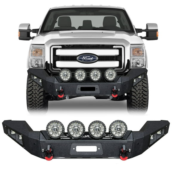 TIOYAR For 2011-2012-2013-2014-2015-2016 Ford F250/F350/F450/F550 Steel Front Bumper With Winch Plate&Lights (Black Texture)