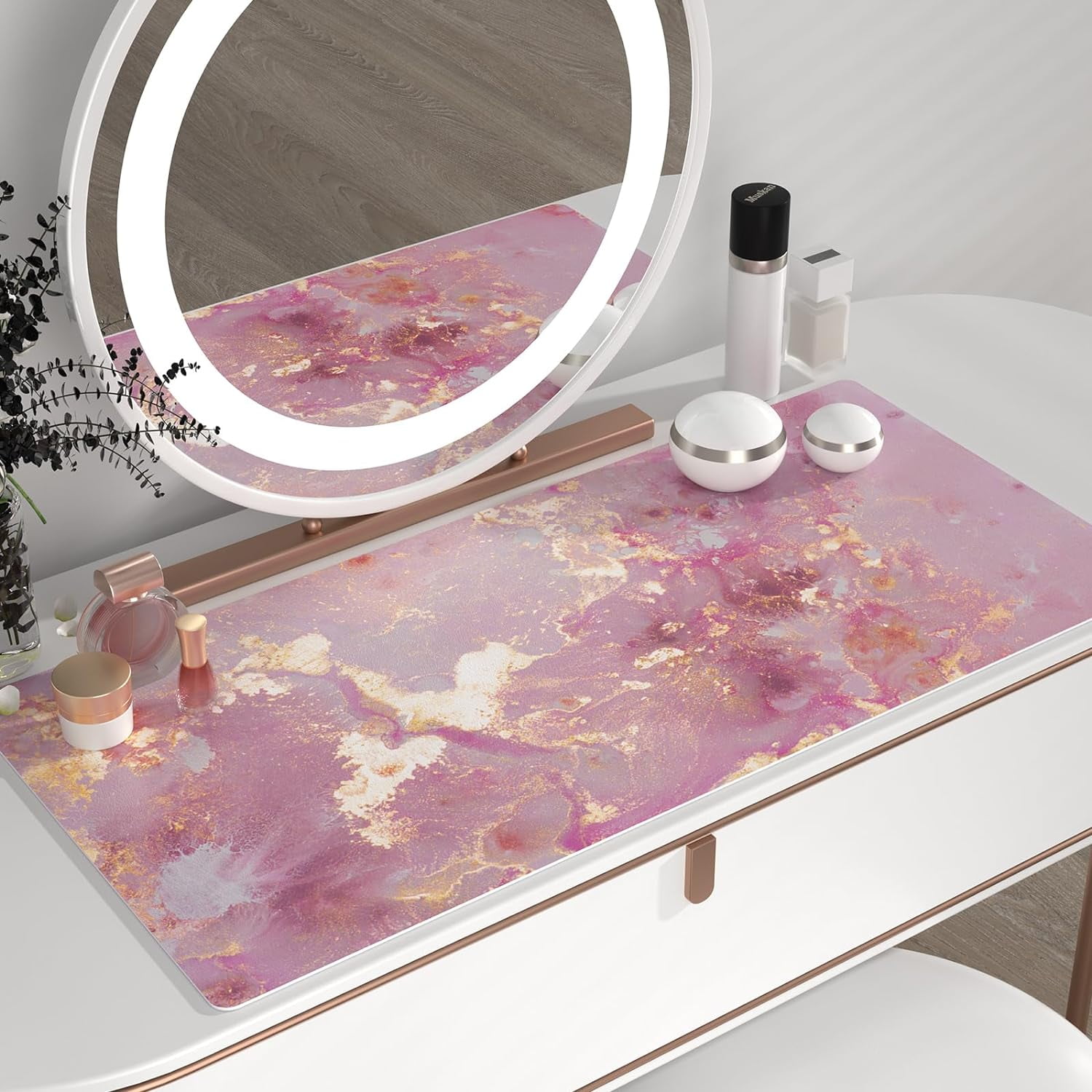 Large Mouse Pad, Cute Pink Desk Mat for Desktop, Women Girls PU Leather Waterproof Gaming, Rose Gold Marble Computer PC Laptop Protector Writing Pads for School Office Home 31.5" x 15.7"