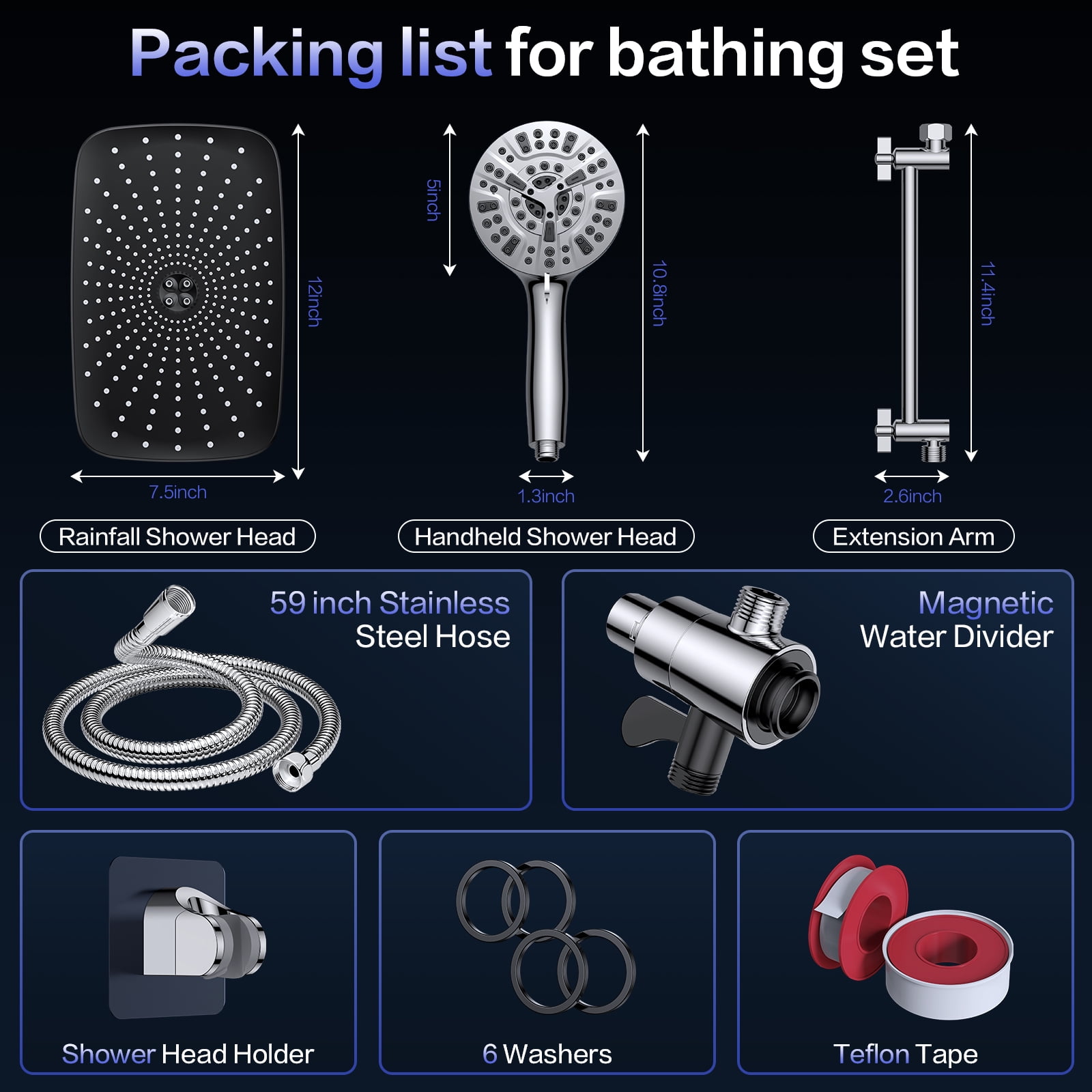 Scootworks 12 Inch High Pressure Rain Shower Head Combo with Adjustable Extension Arm, 10 Mode Detachable Handheld Shower Head with Hose 59 inch Stainless Steel and Adjustable Bracket