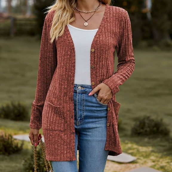 Women's Sweaters Solid Color Pinstripe Knit Button Cardigans with Pockets Long Sleeve Open Front Fashion Coat (L, Red)