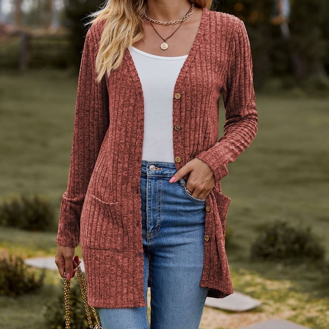 FAIWAD Women's Fall Winter Brushed Cardigan Sweaters Lightweight Long Sleeve Open Front Knitted Button Down Outwear with Pockets
