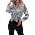 thumbnail image 2 of Frontwalk Ladies Tunic Tops Long Sleeve Blouse Lapel Shirts Women Satin Shirt Button Down Silver Gray S, 2 of 5