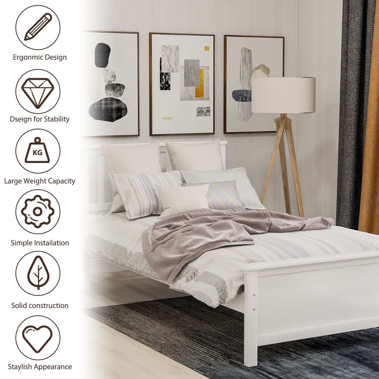 Gewnee Twin Size Wood Platform Bed with Headboard,Footboard and Wood Slat Support for Kids,White