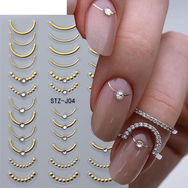 5D Rhinestones Gold Silver French Tips Nail Stickers Retro Wave Simple Line Design Adhesive Slider Nail Art Decoration Decals