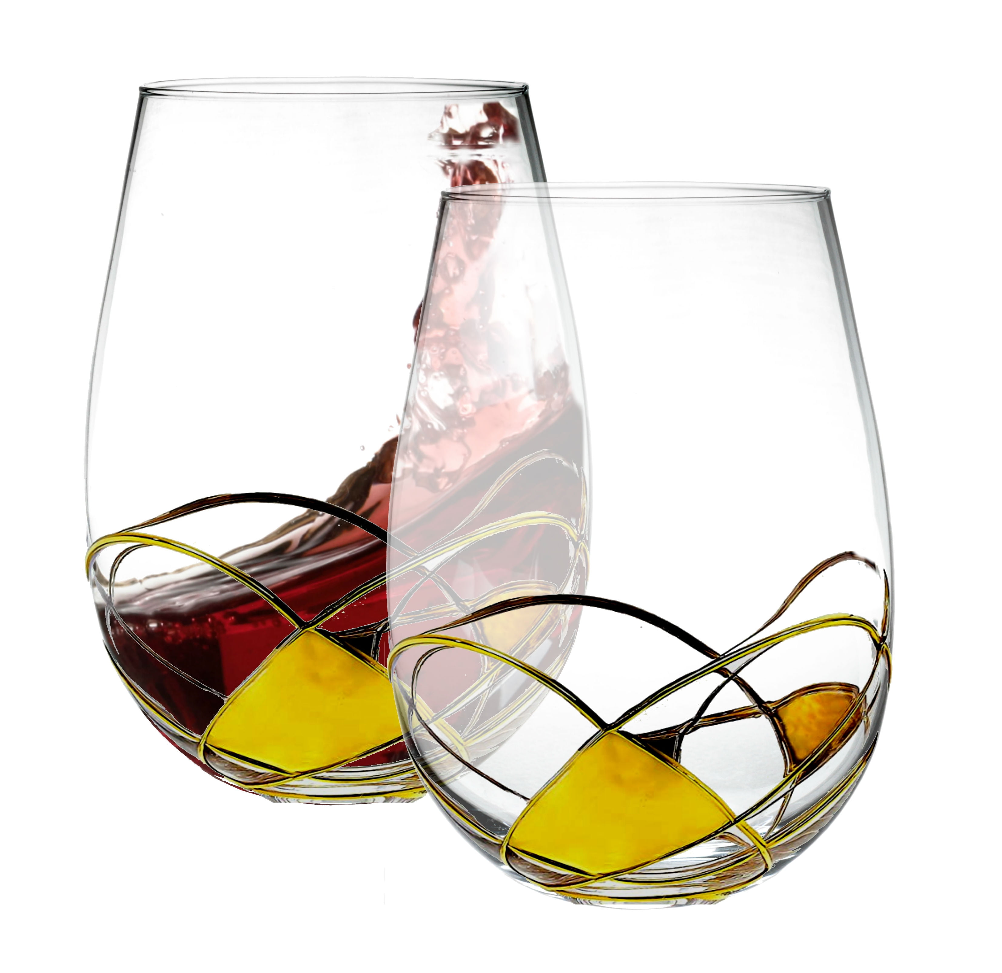 Bezrat Stemless Wine Glasses Set of Two Hand Painted Large Premium