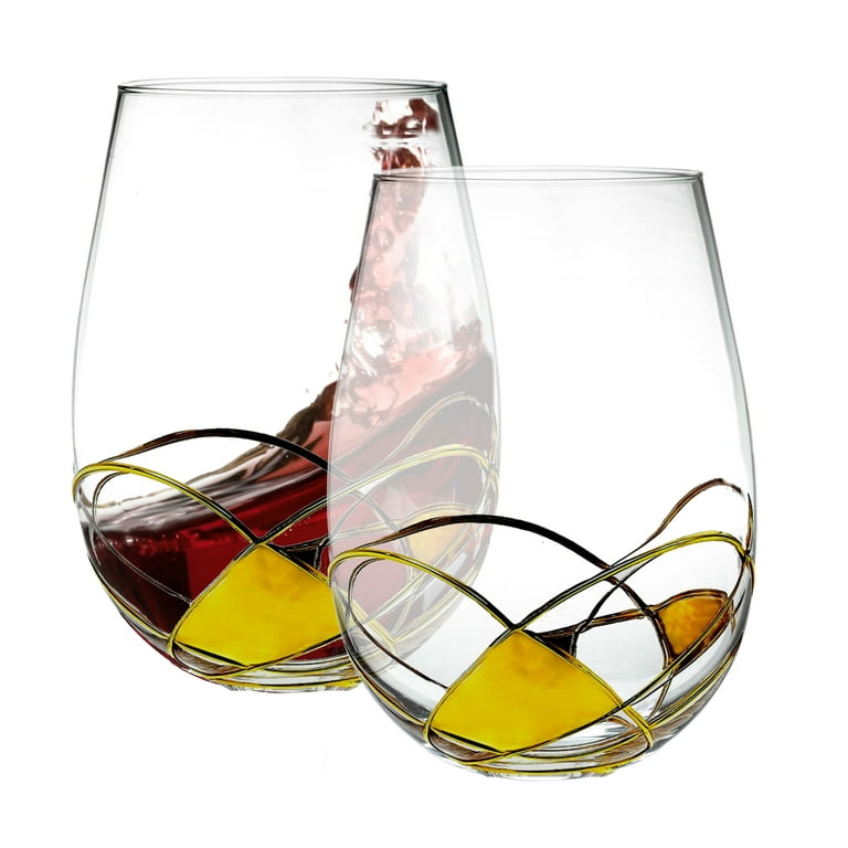 Bezrat Stemless Wine Glasses Set of Two, Hand Painted Large Premium Red  and White Wine glasses, Lead-Free Crystal, Essential Wine Gift