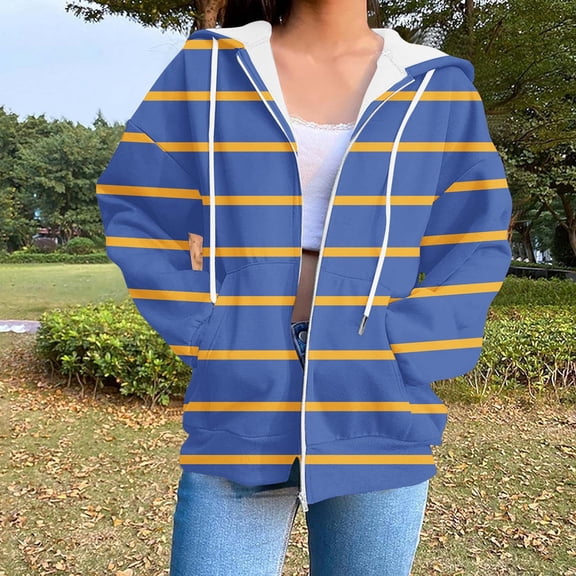 ITSAME Womens Zip Up Hoodie Jackets, Striped Graphic with Pocket Long Sleeve Hooded Sweatshirt Outwear Blue 2XL
