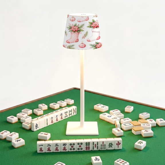 Mahjong Cordless Table Lamp Christmas Stockings Poinsettias Ornaments Seamless LED Desk Lamps Rechargeable 3 Color Dimming Outdoor for Mah Jong Table Nightstand Living Room Gift