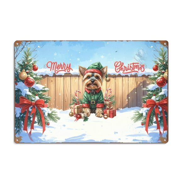 Merry Christmas Woofmas Xmas Noel Yorkshire Terrier Elf Candy Cane Snow Horizontal Metal Aluminum Sign Yorkie Dog Lover Gifts Wall Art Home Decor - 13017