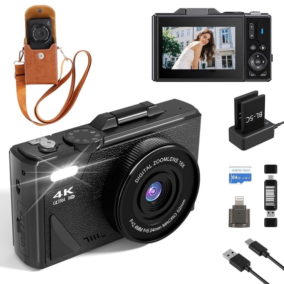 5K 75MP Digital Camera with 18X Zoom, Flip Screen, Dual Batteries, 32GB Card & Leather Case for Vlogging Camera