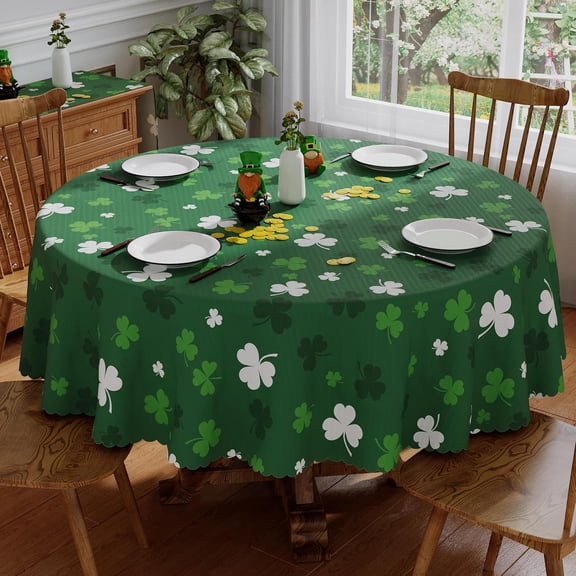 St Patricks Day Round Tablecloth 60x60 Inch, Washable Green Shamrock Lucky St Patricks Tablecloth Spring Holiday Waterproof Scalloped Edge Table Cloth Home Party Picnic Table Decorations
