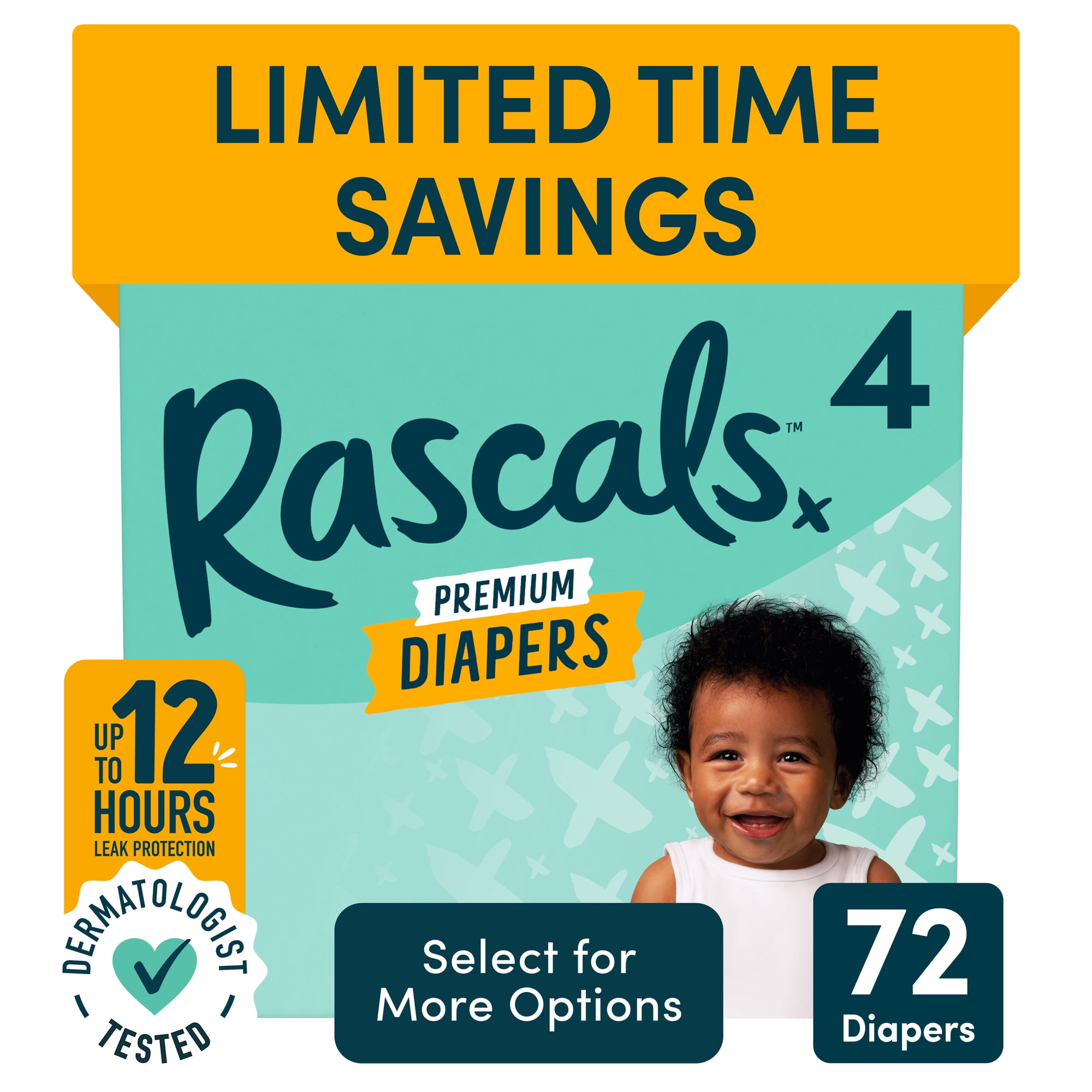 rascals premium absorbent baby diapers size 4, 72 count