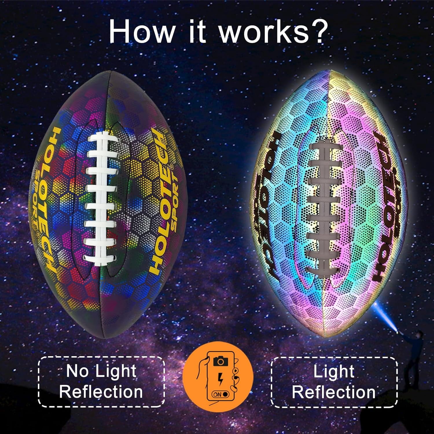 MILA CHIC Football Holographic Reflective Glowing Footballs with Pump, Official Size 9 for Teens and Adults - Synthetic Leather Extra Grip Outdoor All-Weather Footballs