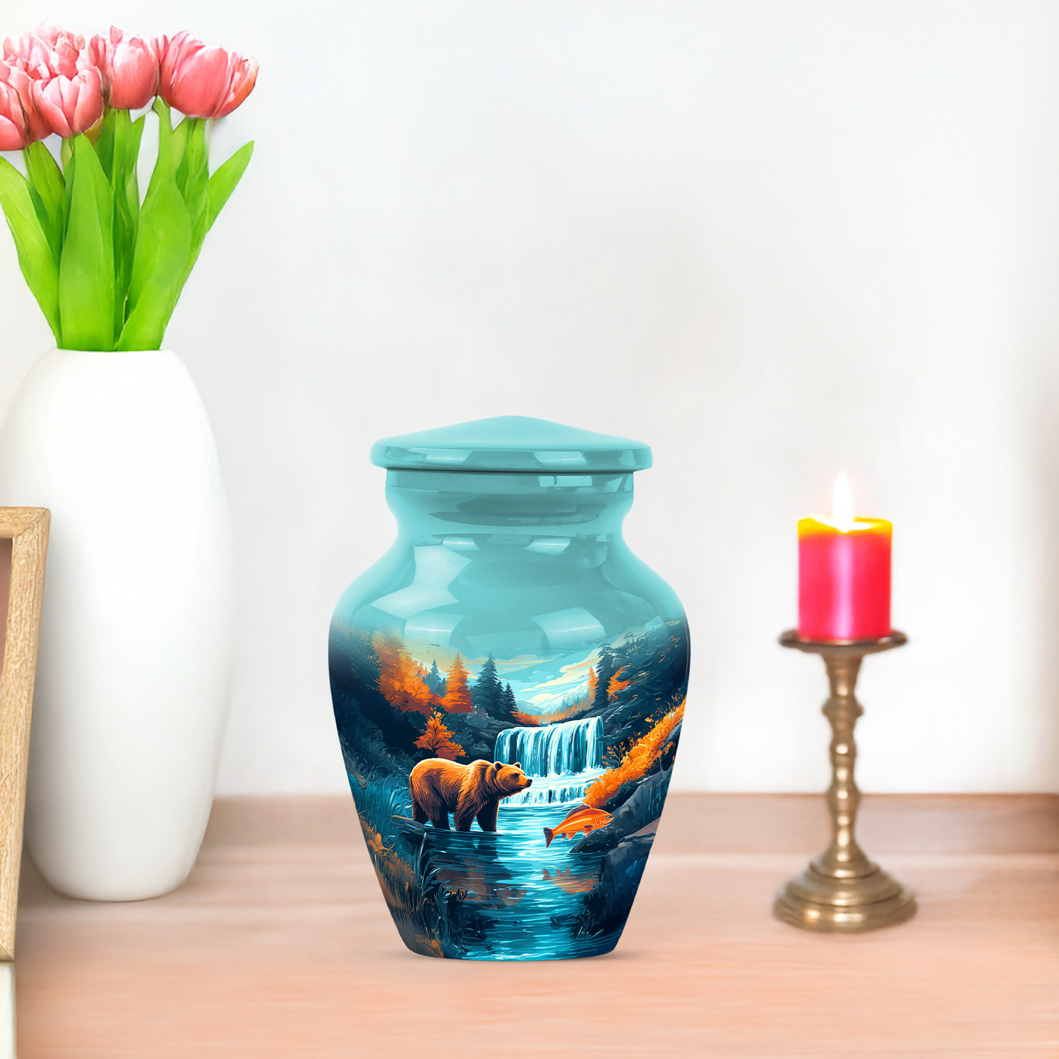 JAGASY Bear Miniature Small Urn for Mother, Blue Tiny Urns for Human Ashes Keepsake, River Trees & Blue Sky Decorative Urns for Parents, Mountain Memorial Urn for Father, (3 Inch)