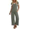 thumbnail image 7 of Womens 2 Piece Sets Fall Outfits Lounge Set V Neck Wide Leg Pants Matching Sets, for Work and Casual with Pockets, 7 of 7