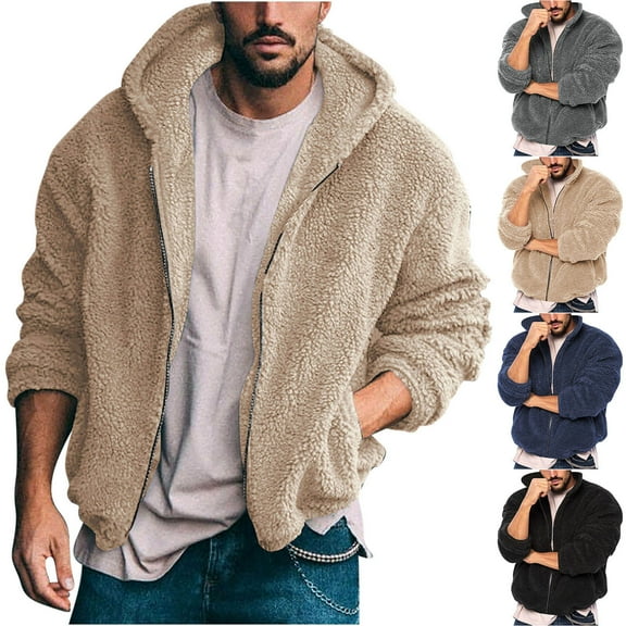 Brondbend Mens Coats Men's Jacket Hooded Long Sleeved Zipper Pocket Outerwear Solid Color Casual Jacket Loose Fit Festival Tops Black