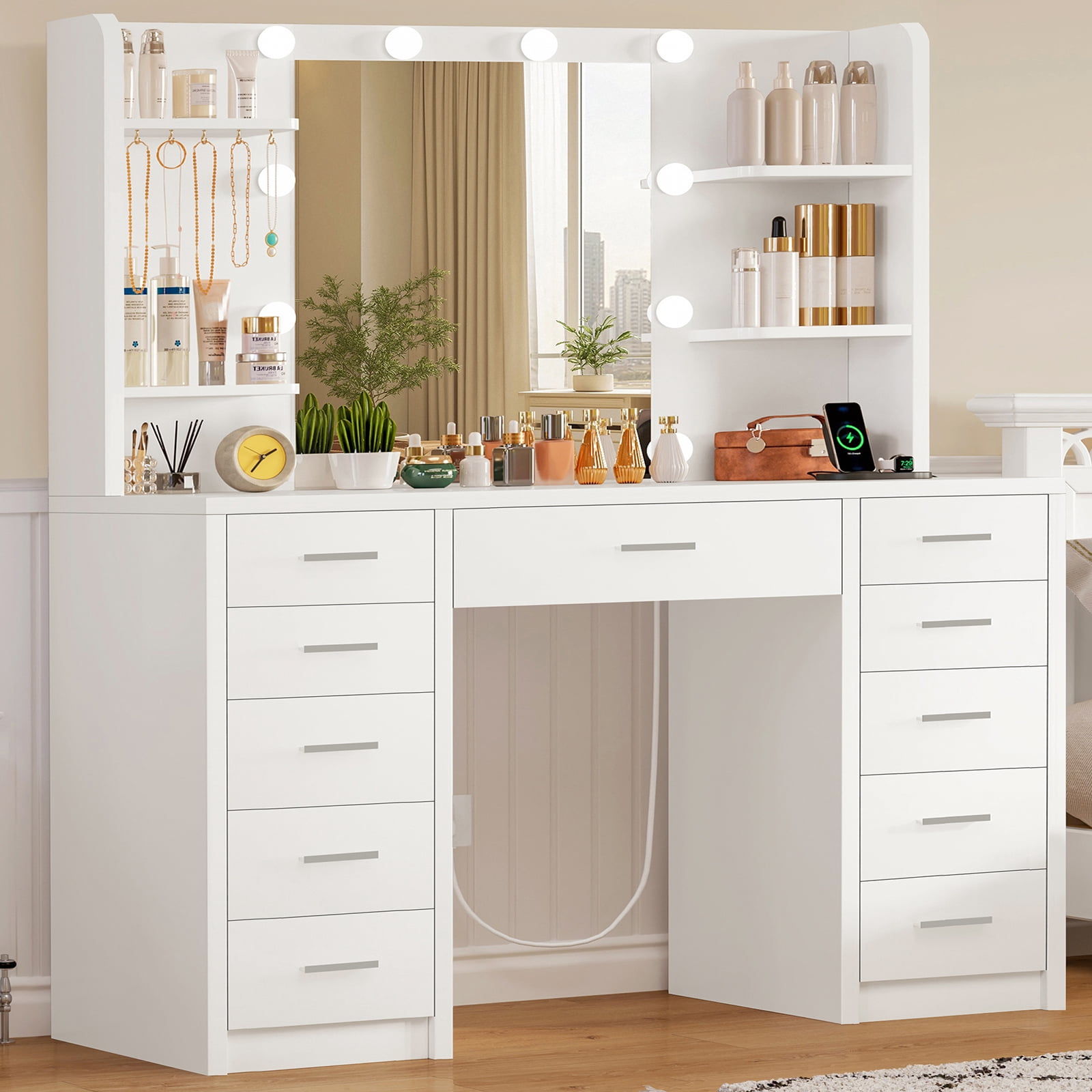 Makeup Vanity Set with Mirror, Vanity Desk with 11 Drawers and Adjustable Lights, Power Outlet, 6 Open Storage Shelves & 5 Hooks, vanity set for Bedroom, White