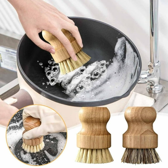Outoloxit Natural Wood Scrub Brush for Pots Pans and Dishes Cleaning, 2-Pack with Durable Palm Sisal Bristles and Ergonomic Handle for Easy Kitchen Cleaning