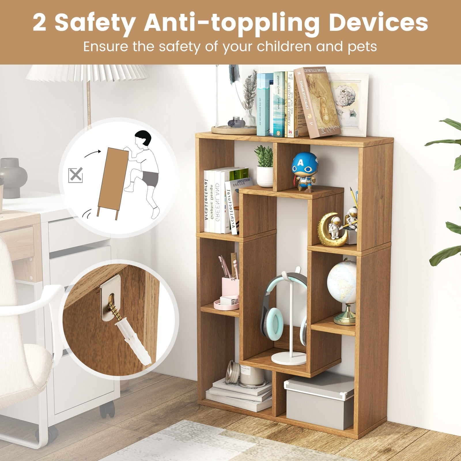 Topbuy 35.5” Geometric Bookshelf Open-back Bookcase w/ 7 Cubes Free-standing Storage Shelf Unit w/ Anti-Toppling Devices Natural