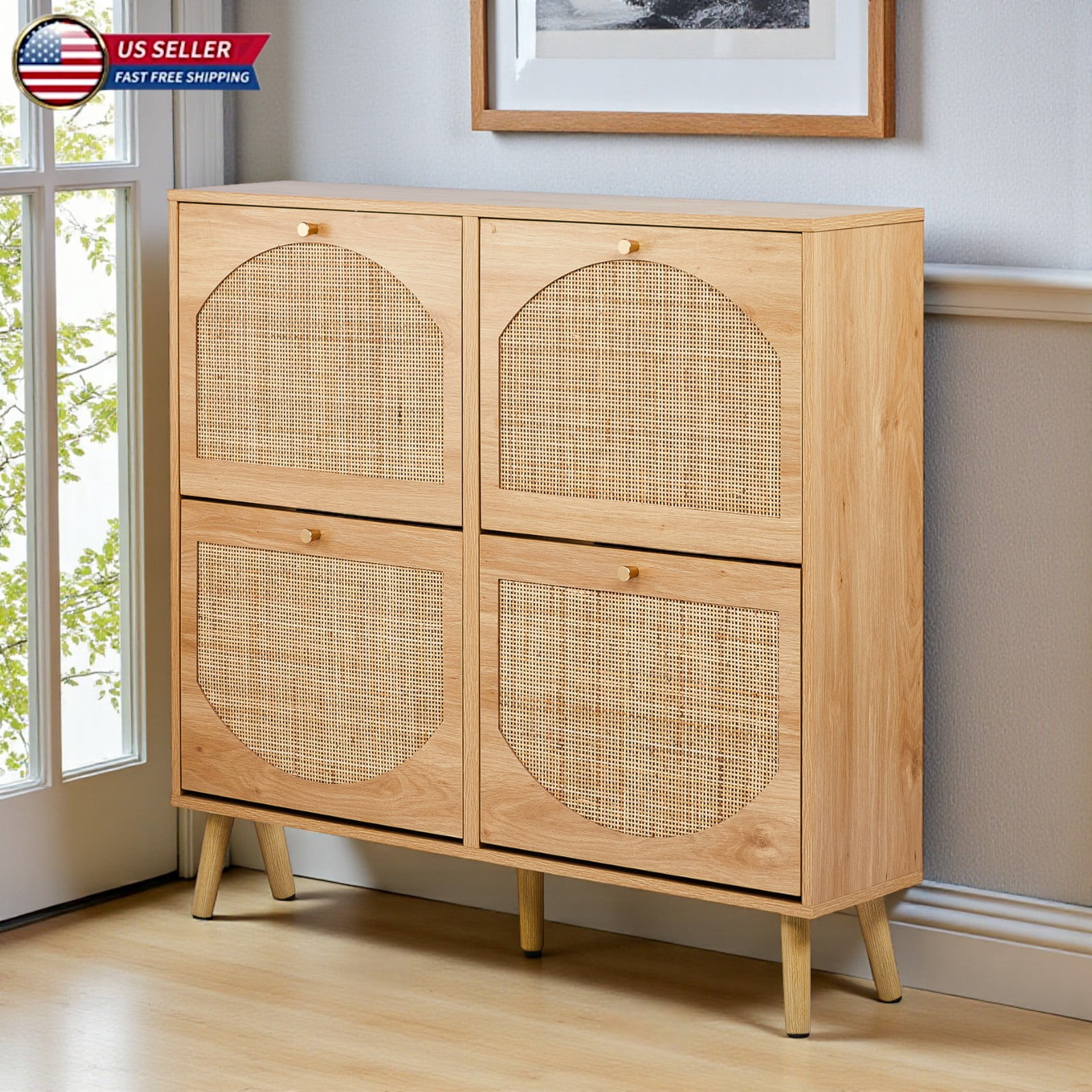 Hassch Natural Rattan Shoe Cabinet with 4 Flip Drawers, Freestanding Shoe Rack Storage Organizer for Entryway, Living Room, Small Space, 41.34"L x 9.45"W x 38.58"H