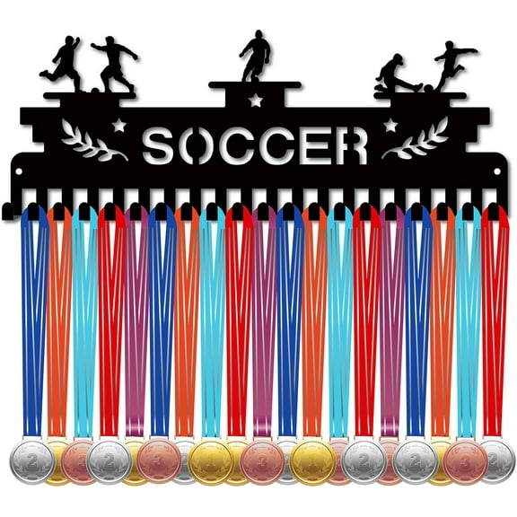 1 set Iron Medal Holder Frame 20 Hooks Medals Display Hanger Rack with Screws Black Football 150x400mm Hole: 5mm Iron