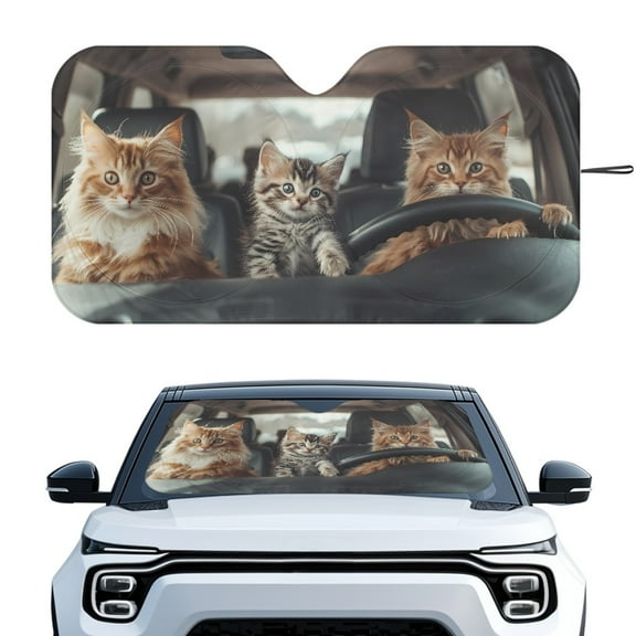 Yuyamidu Driving Cat Car Window Shade Cute Windshield Sun Shade for Van SUV Big Sedan Personalized Sunshade for Car Windshield Automotive Accessories
