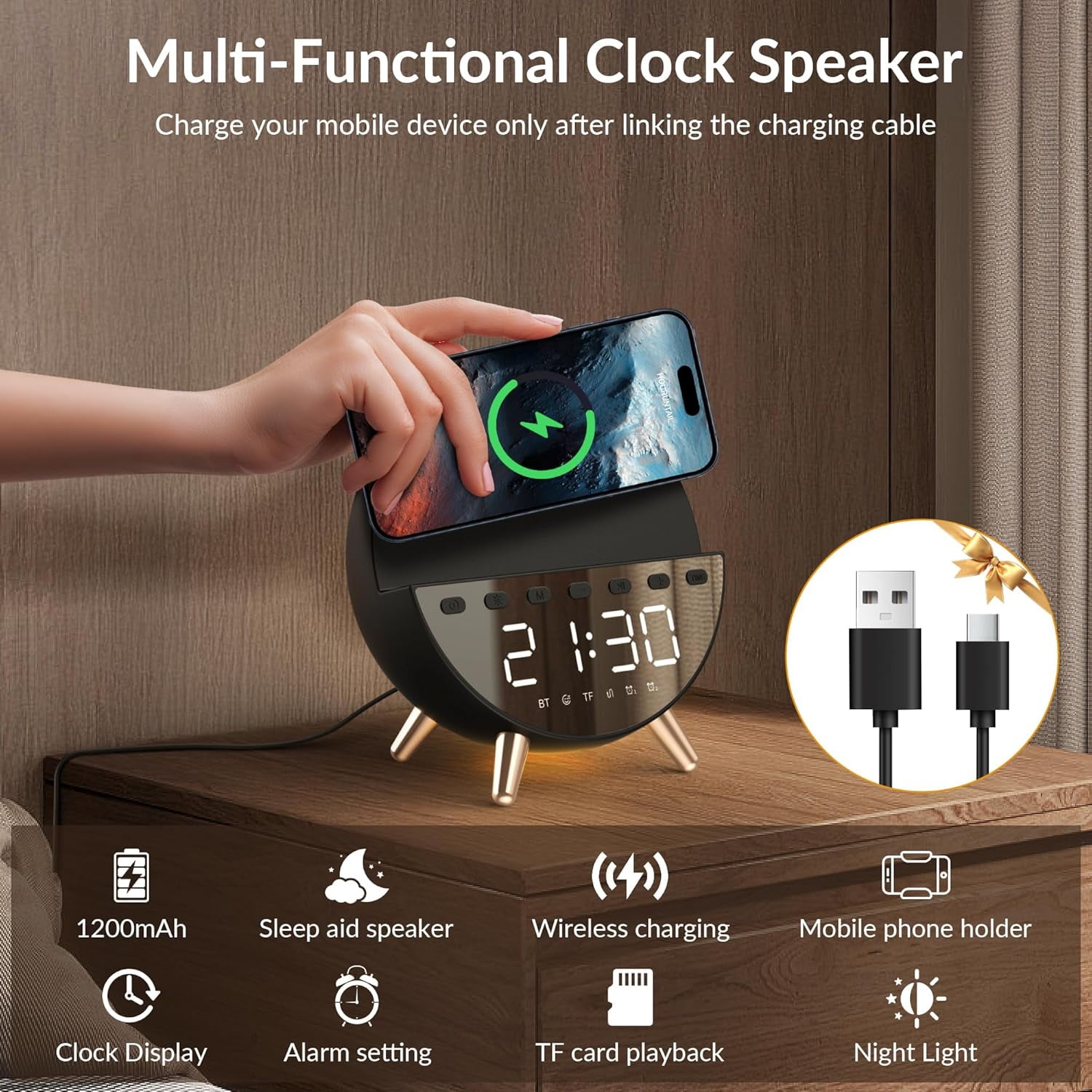 Digital Alarm Clock with 15W Wireless Charging with Warm White Light,5 Soothing Sound/White Noise,Dual Alarm Clock for Bedrooms Heavy Sleepers (Black)