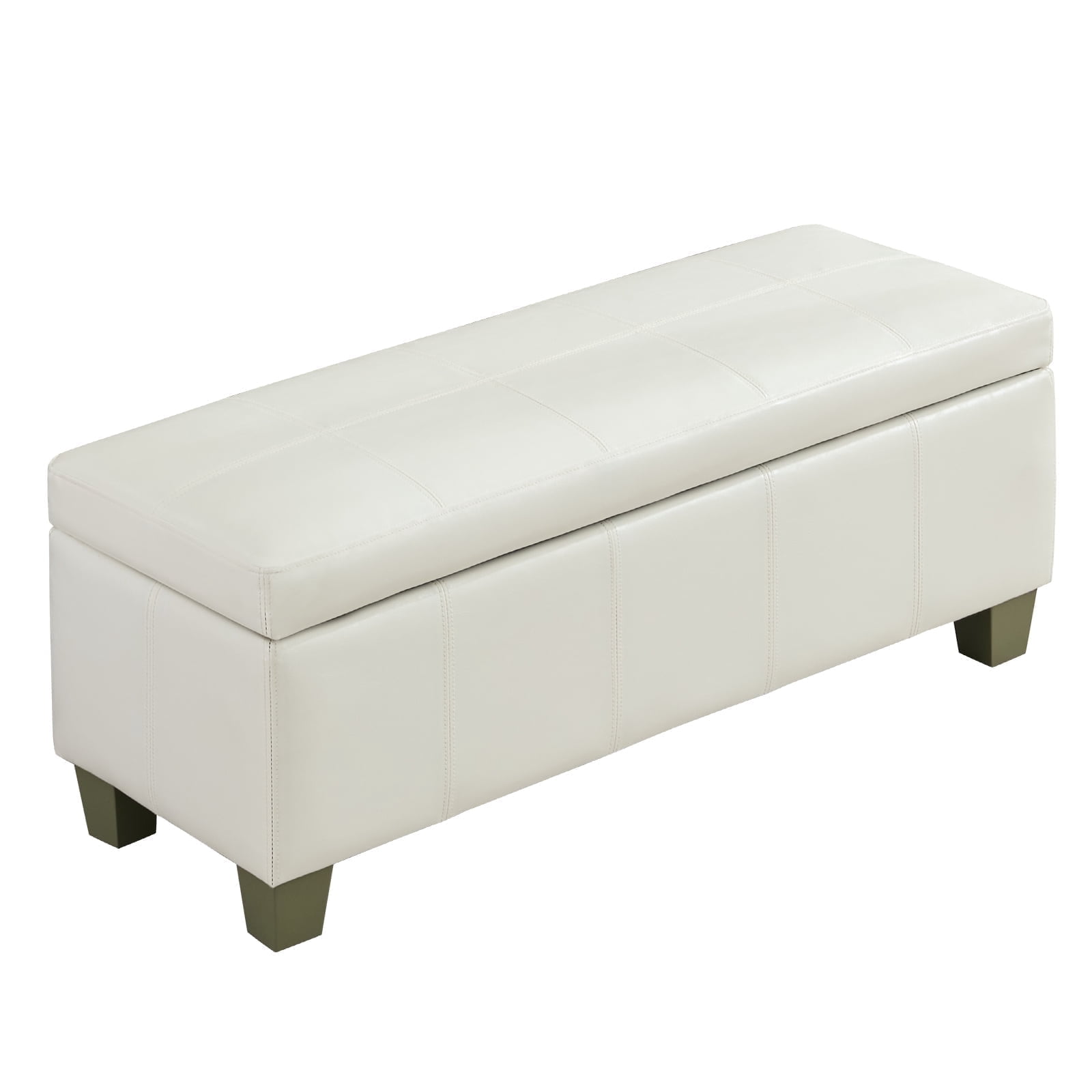 41'' Faux Leather Storage Ottoman Bench, Rectangle Upholstered End of Bed Storage Bench, Stitch Tufted Bedroom Bench with Storage, Entryway Large Storage Ottoman with Wooden Legs, White