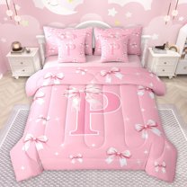 Castle Fairy Kids Teens Personalized Initial P Bedding Comforter Set 7pcs,Kawaii Pink Ribbon Bowknot Queen Bedding Sets Super Cozy,Dreamy Princess Queen Sheet Sets,Luxury Bedroom Decor,Reversible