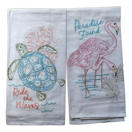 Set Of 2 Flamingo Sea Turtle Embroidered Flour Sack Kitchen