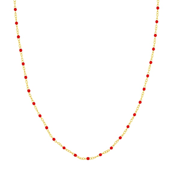 14k Yellow Gold Red Enamel Bead Chain Necklace Adjustable With One Inch Extension 18 Inch Chain Necklace for Women and M