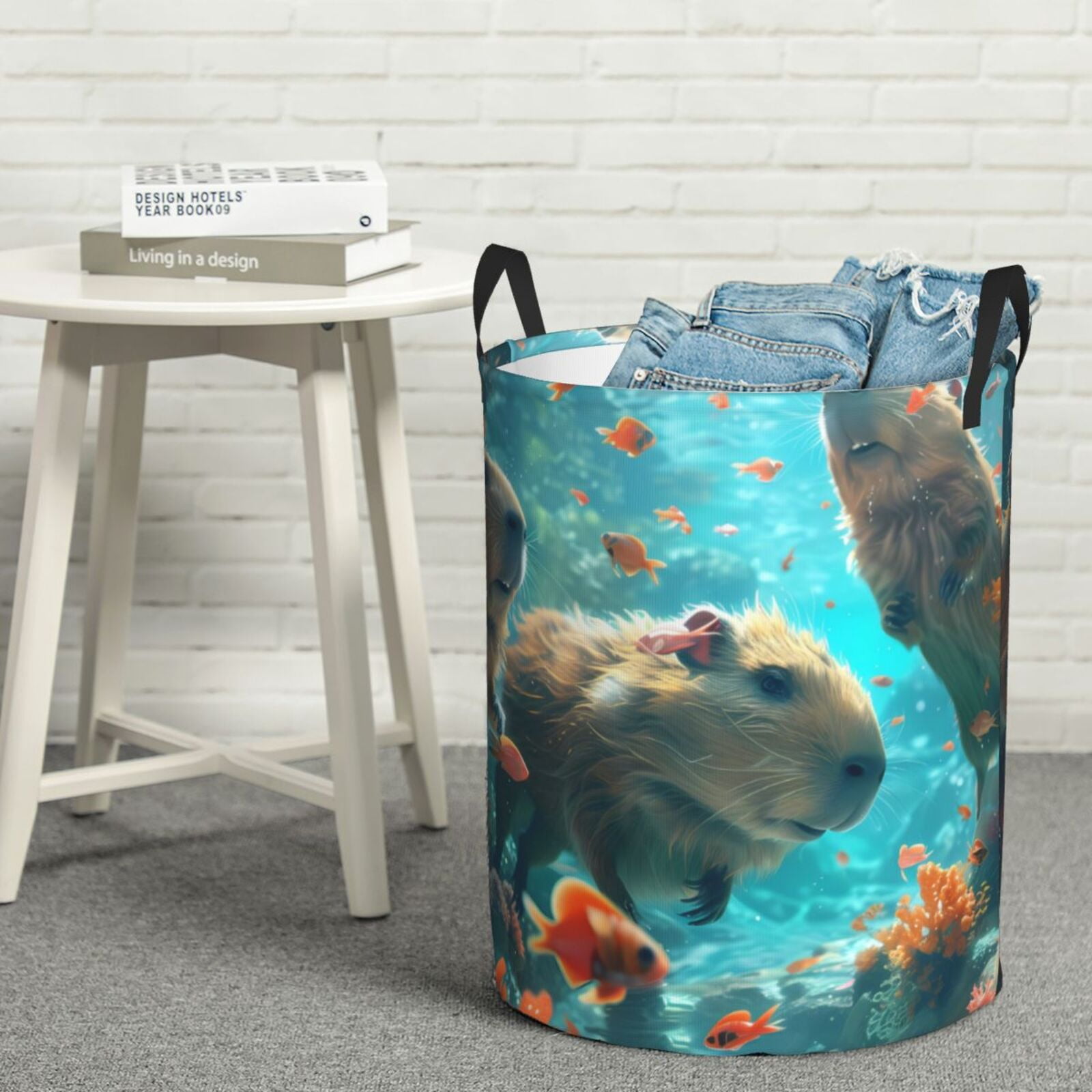 Gukieu Underwater Swimming Guinea Pig Print Round Dirty Clothes Bag, Waterproof Standing Home Bathroom Storage Basket Car Trunk Storage Bag-Small