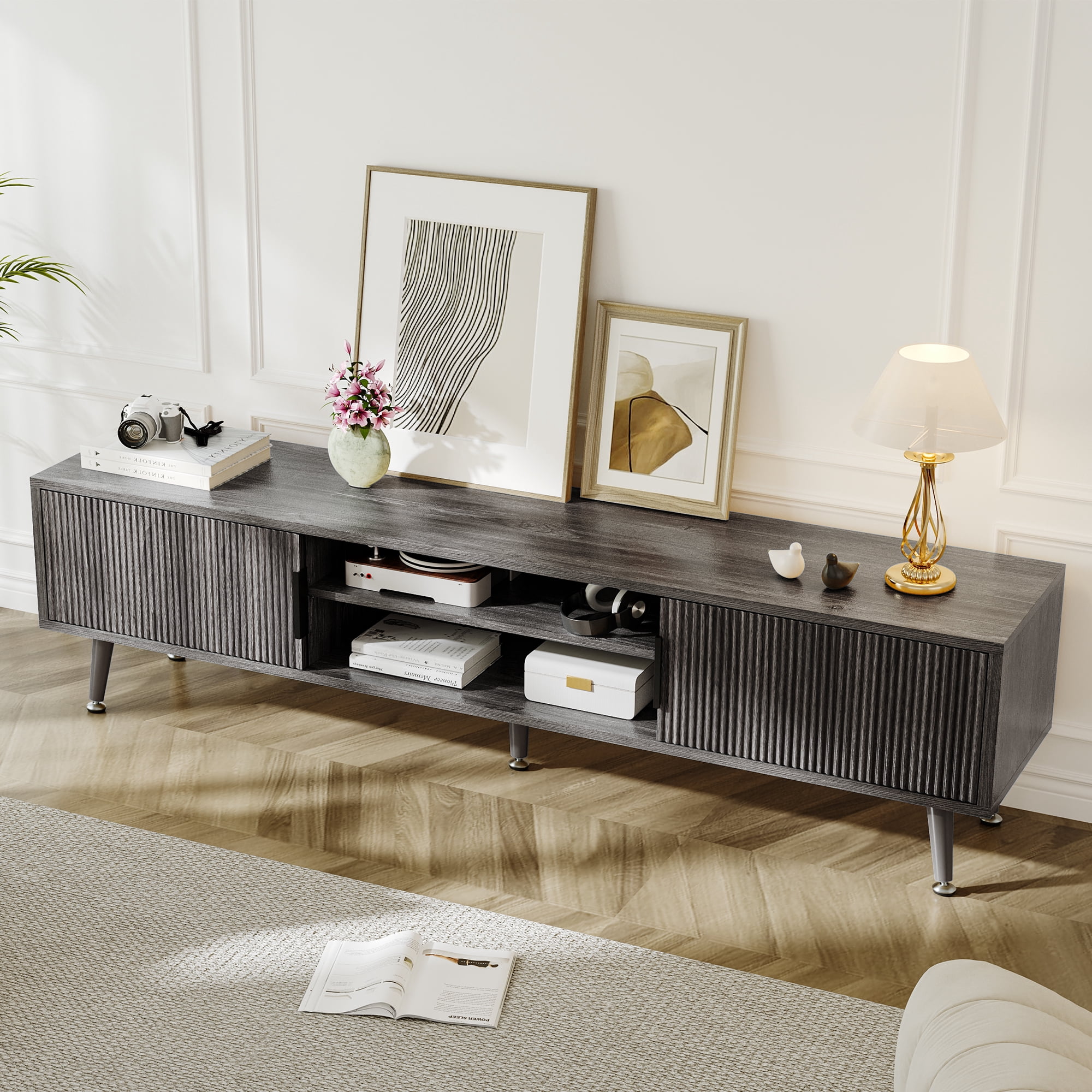 TV Stand for Living Room, Mid Century Modern Entertainment Center for 55/60/65/70 inch TVs, TV Console with Fluted Door Cabinets and Open Shelves, for Bedroom, Living Room, Gray