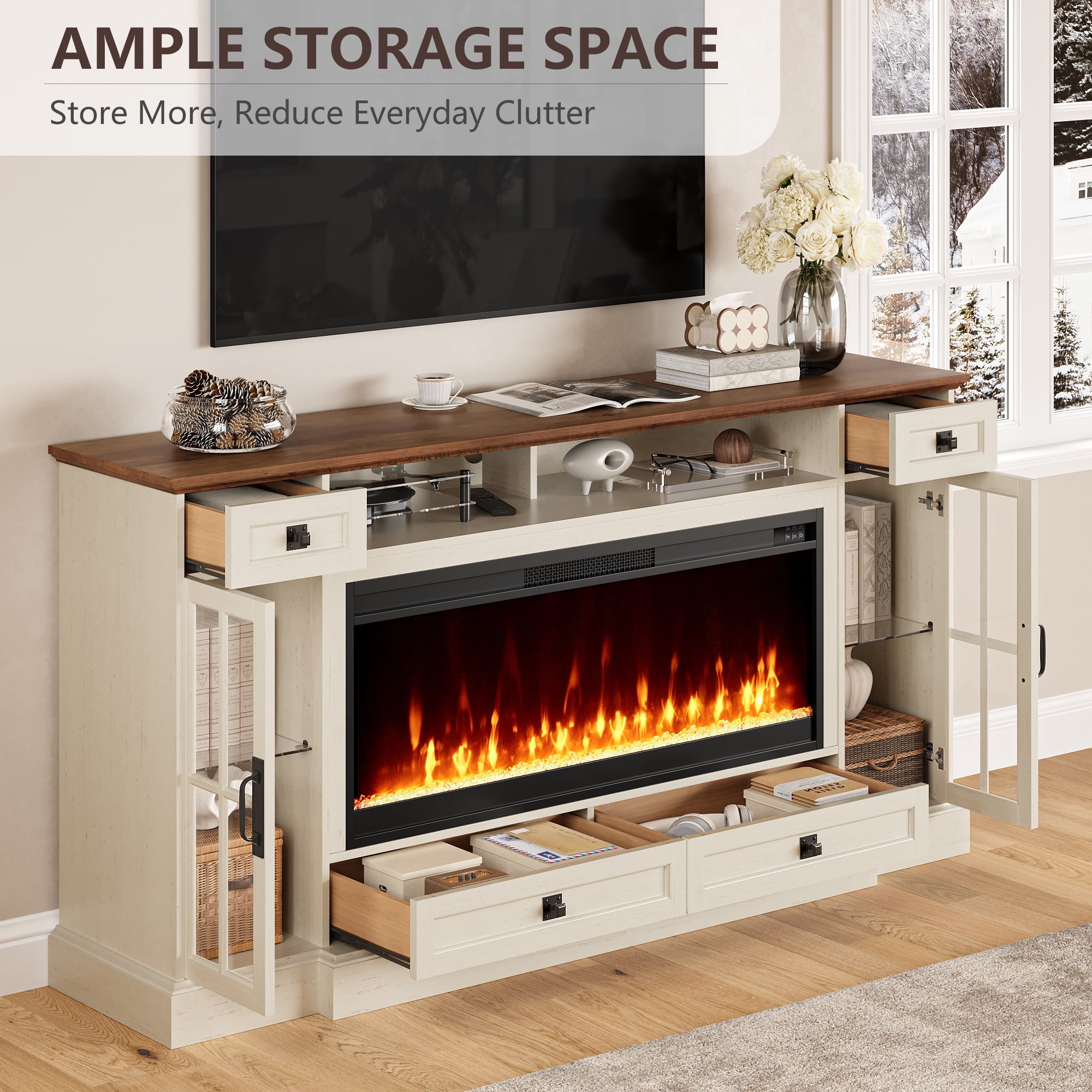OKD TV Stand with Fireplace for 80 inch TVs, Farmhouse Entertainment Center with Storage, Antique White