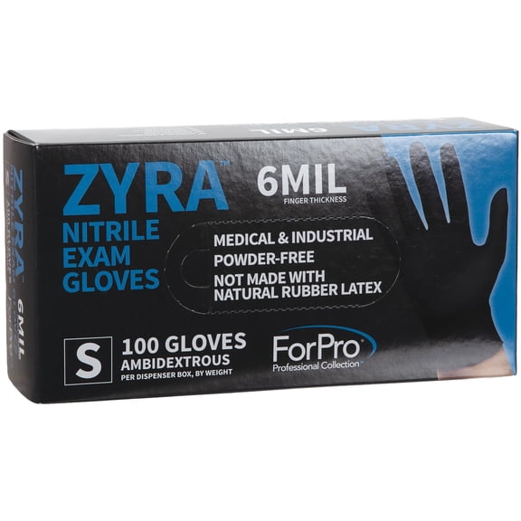 ForPro ZYRA Nitrile Exam Gloves, Medical & Industrial Grade, Powder-Free, Latex-Free, Non-Sterile, Food Safe, 6 Mil, Black, Small, 100-Count