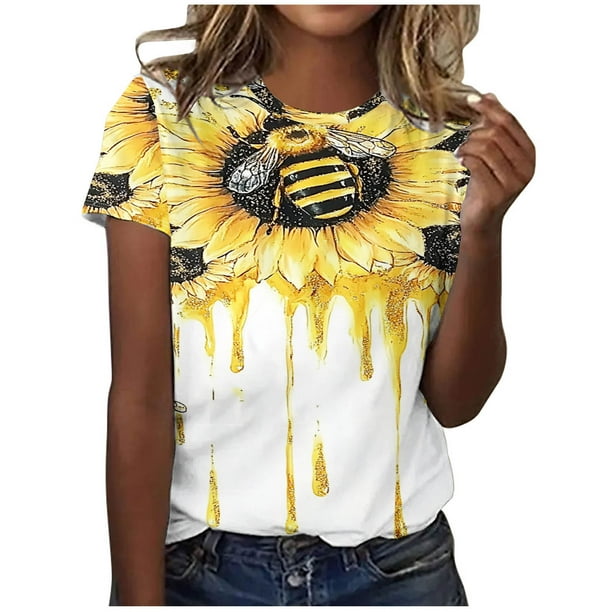 Blusas de Manga Corta para las Mujeres Cuello Redondo de Impresión de Verano, Top de Poliéster de Moda Casual para Toda la Temporada