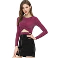 thumbnail image 3 of INSPIRE CHIC Disfraz de Navidad para mujer Tops con purpurina Twist Manga larga Recortada en la parte delantera Slim Fit Crop Top Fushcia L, 3 of 6