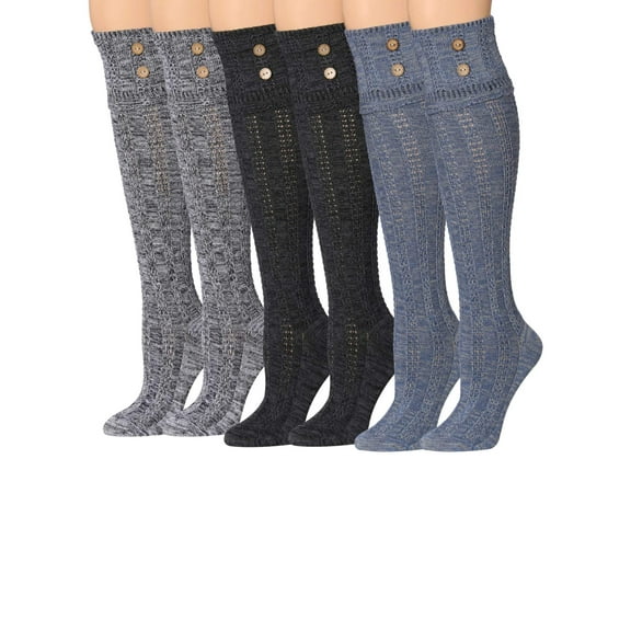 Tipi Toe Women’s Winter Warm Boot Socks – 3 Pairs Knee-High/Over-the-Knee Style with Buttons, Cotton Blend