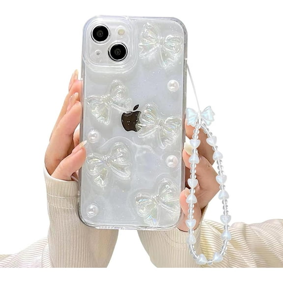 Compatible with iPhone 15 Case with Clear Cute 3D Bowknots and Pearl Aesthetic Patterns for Women Teen Girls, Glitter Sparkle Back and Full Lens Protection Protective Phone Case Cover   Chain